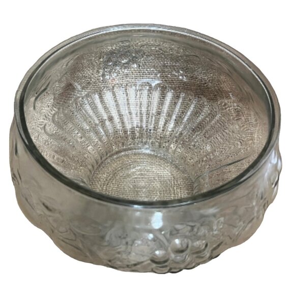 Glass Fruit Bowl Fruit Etching 10" Diameter Clear Molded Grapes Apples Pears Pea - Picture 8 of 9